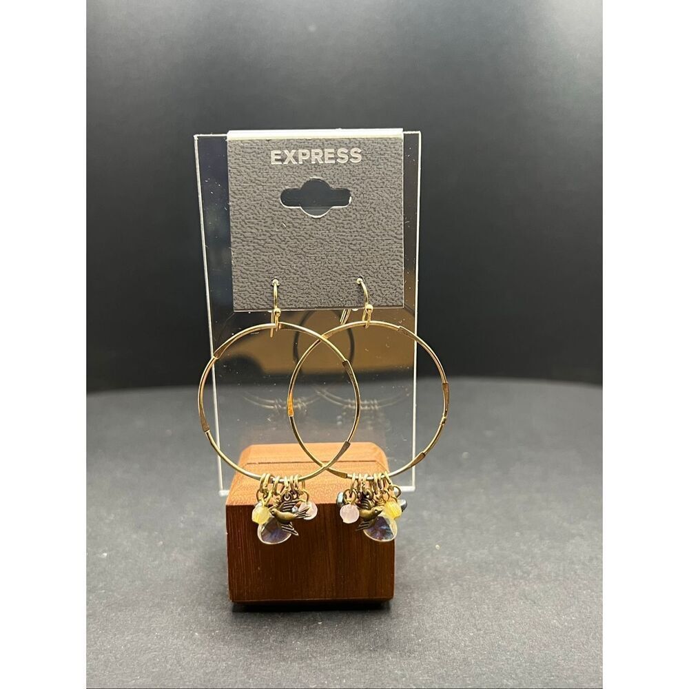 Express Gold Tone Beaded Swallow Bird Charm Hoop Earrings